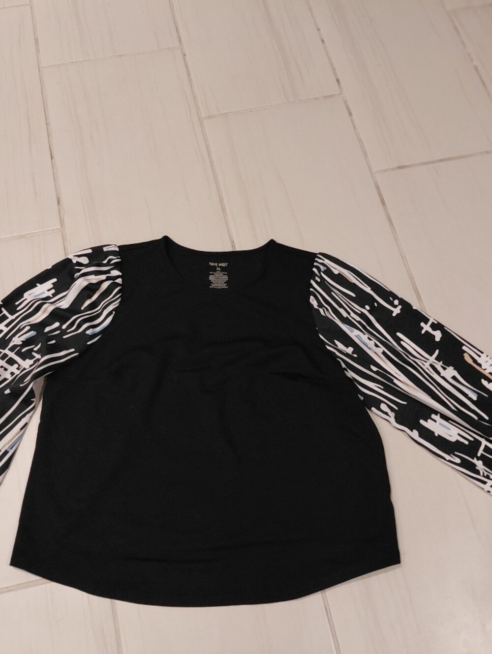 Nine West XL Black Abstract Print Balloon Sleeve Stretch Blouse Top
